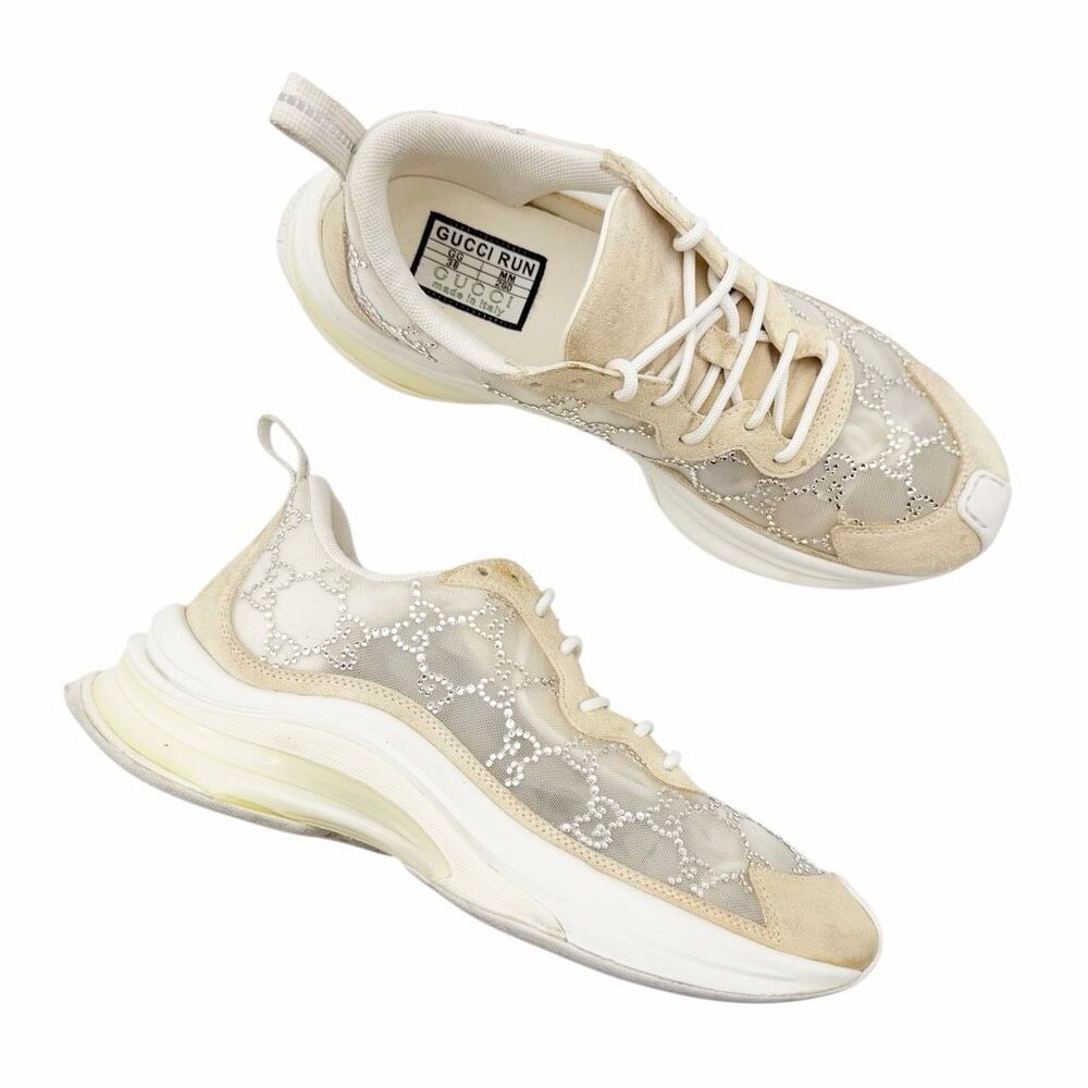 GUCCI Crystal GG Logo Mesh Run Sneakers Size 38 US 8 Low Top Lace Up Monogram